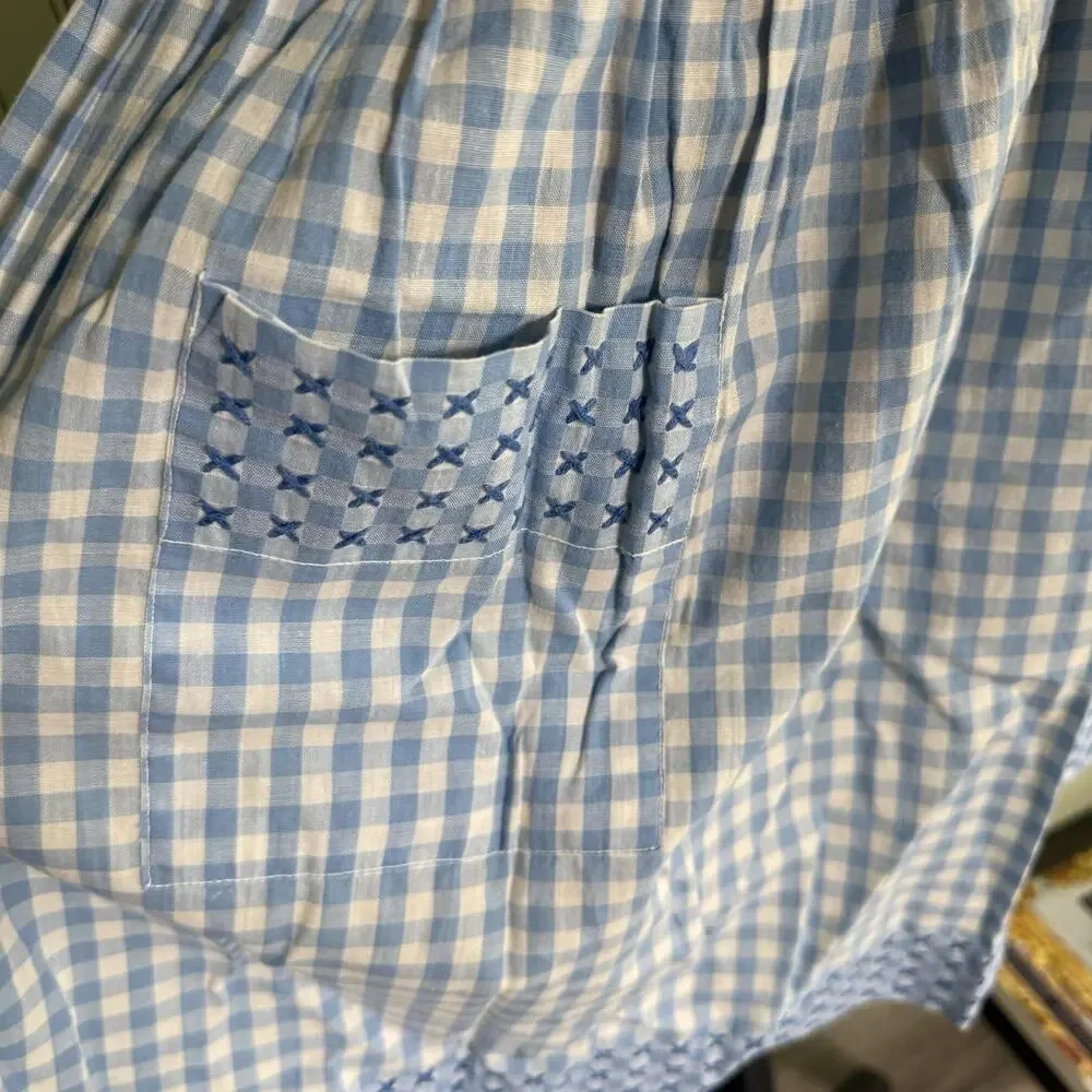 Vtg Hostess Half Apron Blue White MCM 50s Pocket Retro Tie Trad Cottage Gingham